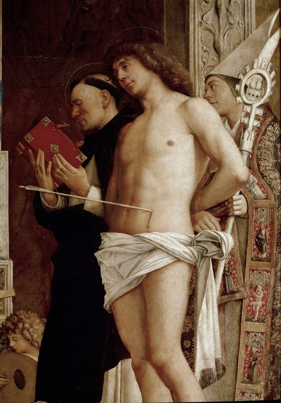 Altertavle af Saint Job: Jomfru og barn med seks hellige og musikere engle. Detalje (tempera på panel, ca. 1487) af Giovanni Bellini