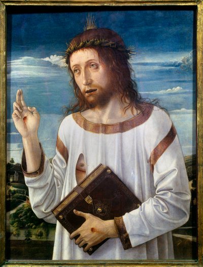 Christ Benching Maleri af Giovanni Bellini dit il Giambellino (1430-1516) 1460 Søn.0,58x0,46 m - Kristus velsignelse. Maleri af Giovanni Bellini kaldet Giambellino (1430-1516) 1460. 0,58 x 0,46 m. Louvre-museet, Paris af Giovanni Bellini