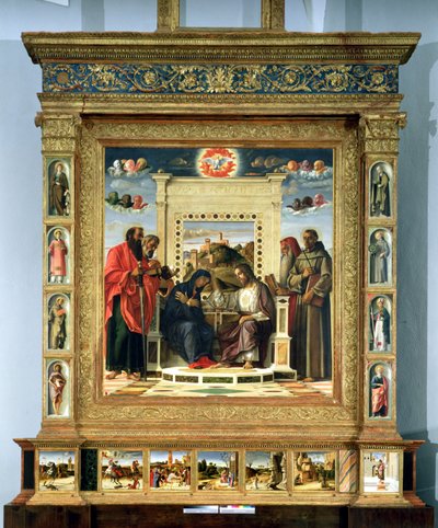 Jomfruens kroning med SS. Paul, Peter, Hieronymus og Frans af Assisi med scener fra de helliges liv i predella-panelet, kendt som Pala di Pesaro-altertavlen, ca. 1474 (olie på panel) af Giovanni Bellini