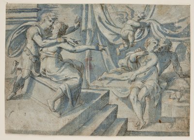 Et elskende par på en seng afsløres af en putto for en romersk soldat og hans kvinde af Giovanni Bellini