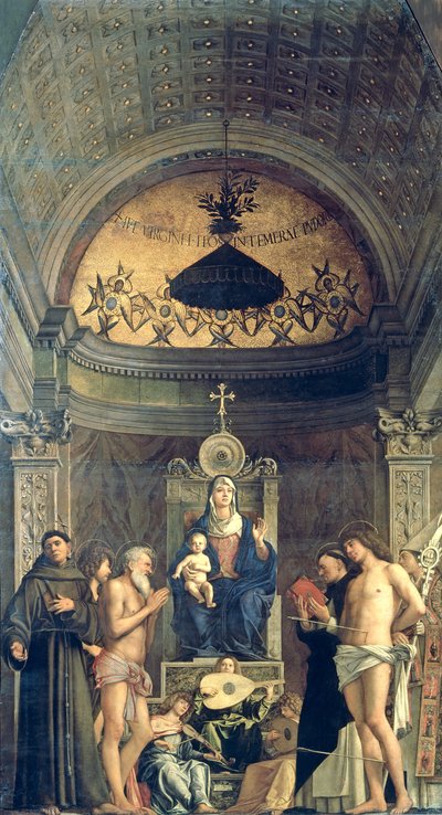Madonna og barn troner mellem SS. Frans, Johannes Døberen, Job, Dominic, Sebastian og Louis (San Giobbe-altertavlen) ca. 1487 (for detaljer se 61101 og 276359) af Giovanni Bellini
