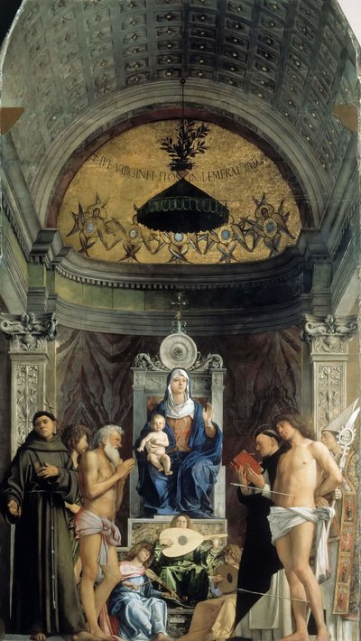 Madonna og barn, musikalske engle og de hellige Frans, Johannes Døberen, Job, Dominic..., ca 1487 af Giovanni Bellini