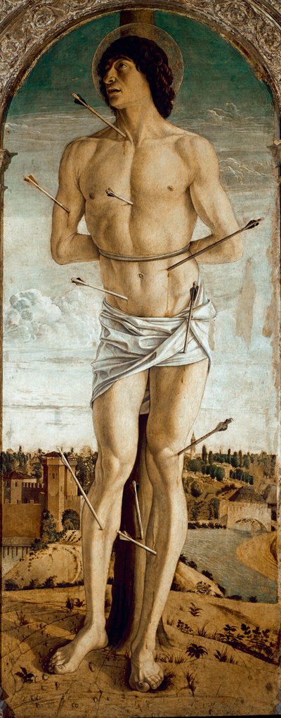 Polyptych of Saint Vincent Ferrier: Saint Sebastian (Polyptych of Saint Vincent Ferrer: Saint Sebastian) Maleri af Giovanni Bellini dit il Giambellino (ca. 1432-1516) 1464-1468 Dim 167x67 cm Venedig Church of Santi Giovanni e Paolo af Giovanni Bellini