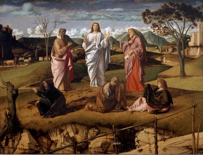 Kristi forvandling. Personerne i Det Gamle Testamente Moses og Elias er repræsenteret omkring Jesus. Kunstnerens signatur er repræsenteret på et papir, der holder lukningen i forgrunden. Maleri af Giovanni Bellini sagde il Giambellino (1432 af Giovanni Bellini