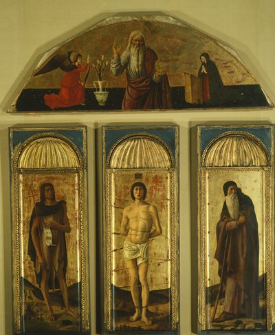 Triptykon af Sankt Sebastian af Giovanni Bellini (1431-36 - 1516) og andre malere, tempera på panel, midterpanel 127x48, sidepaneler 103x45, lunette 59x170 af Giovanni Bellini