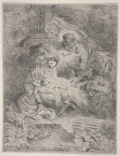 Fødselen med Gud Faderen, Helligåndens Due og Engle, ca. 1645 (radering) af Giovanni Benedetto Castiglione