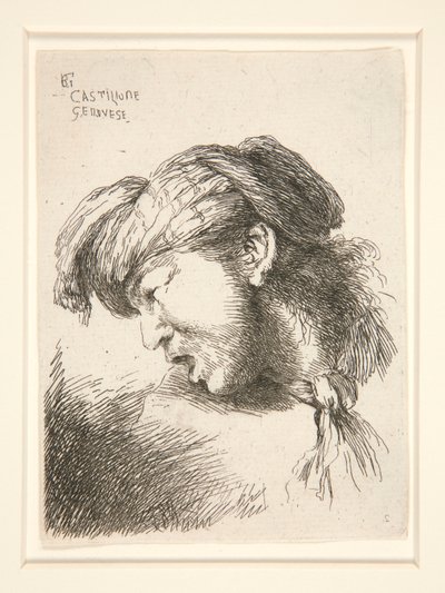 En mand uden skæg, set i profil og drejet til højre. Hans mund er åben, som for at råbe ud, fra serien Les petites tetes d af Giovanni Benedetto Castiglione