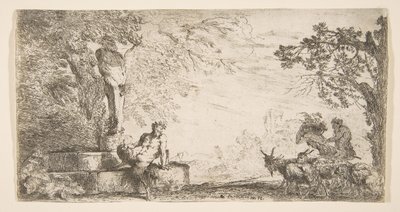 En satyr tilbagelænet ved foden af en statue af Priapus, geder til højre, ca. 1645-48. af Giovanni Benedetto Castiglione