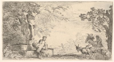 En satyr tilbagelænet ved foden af en statue af Priapus, geder til højre, ca. 1645-48. af Giovanni Benedetto Castiglione