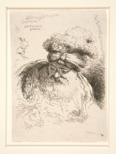 En gammel mand med stort skæg, set forfra, hovedet og øjnene sænket, fra serien Les petites tetes d af Giovanni Benedetto Castiglione