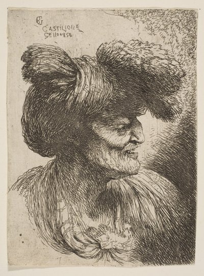 Buste af skægløs gammel mand i profil mod højre, fra serien af Small Head..., ca. 1645-1650. af Giovanni Benedetto Castiglione