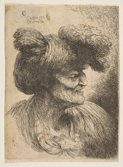 Buste af skægløs gammel mand i profil mod højre, fra serien af små hoveder ..., ca. 1645-50. af Giovanni Benedetto Castiglione