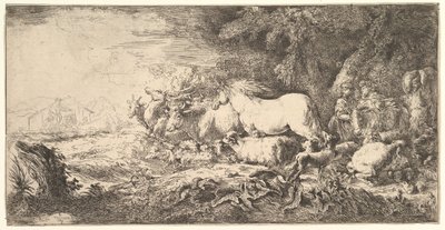 Dyrenes indtræden i Noahs ark, tre mænd følger firbenede og fugle stride..., ca. 1650-55. af Giovanni Benedetto Castiglione