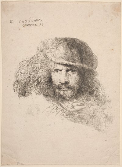Hoved af en ung mand i en fjerhat (såkaldt selvportræt) af Giovanni Benedetto Castiglione