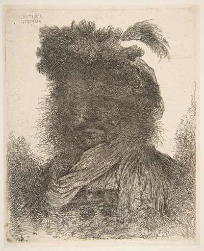Hovedet på en mand i skygge drejet let til venstre, fra serien af Large Or..., ca. 1645-1650. af Giovanni Benedetto Castiglione