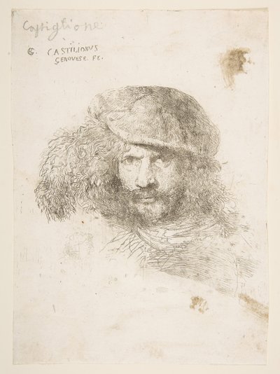 Head of a man wearing a feathered cap possibly Bernini, possibly a self portrait ..., ca. 1645-1650. dani af Giovanni Benedetto Castiglione