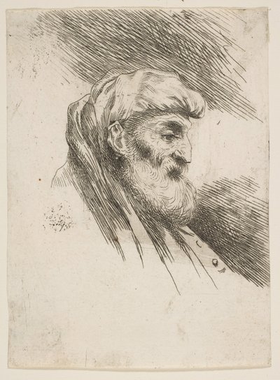 Hovedet af en gammel skægget mand vendt mod højre, fra serien af Small Heads in Orien..., ca. 1645-1650. af Giovanni Benedetto Castiglione