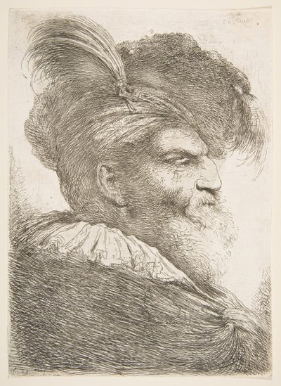 Hovedet af en gammel mand, der vender mod højre, fra serien af store orientalske hoveder, ca. 1645-1650. af Giovanni Benedetto Castiglione