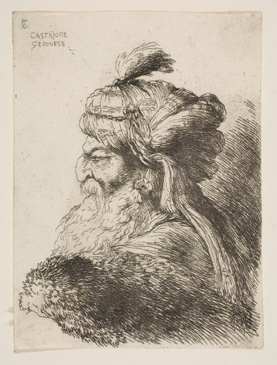 Hoved af en gammel mand med en turban til venstre, fra serien af Små hoveder i ..., ca. 1645-1650. af Giovanni Benedetto Castiglione