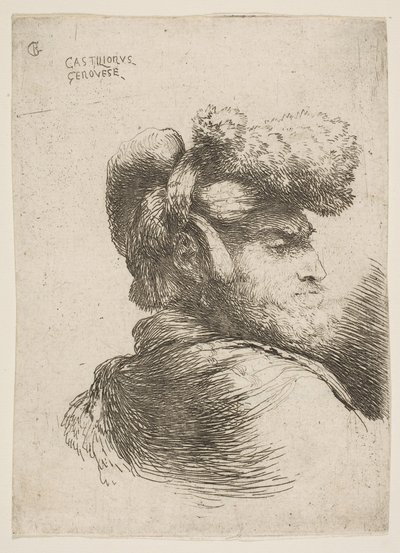 Mand i profil vendt mod højre, iført pelshat, fra serie af Small Heads i Or..., ca. 1645-1650. af Giovanni Benedetto Castiglione