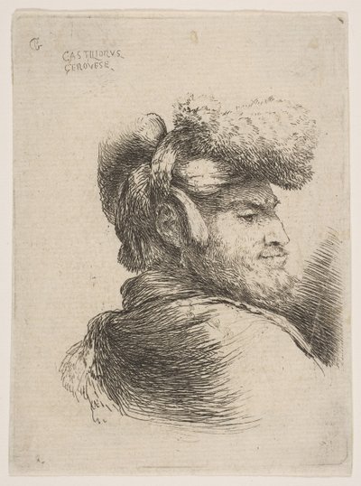 Mand i profil mod højre, iført pelshat, fra serie af Small Heads i Orie..., ca. 1645-50. af Giovanni Benedetto Castiglione
