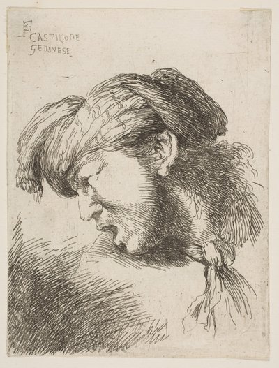 Man wearing a turban, a tie fastened around his neck, facing left, from the series of ..., 1645-1650. dani af Giovanni Benedetto Castiglione