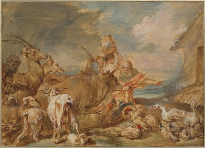 Noah, der fører dyrene ind i arken af Giovanni Benedetto Castiglione
