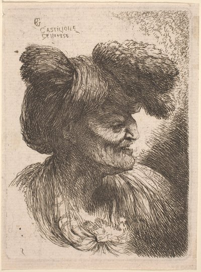 Gammel mand iført en turban prydet med pels, vendt mod højre af Giovanni Benedetto Castiglione