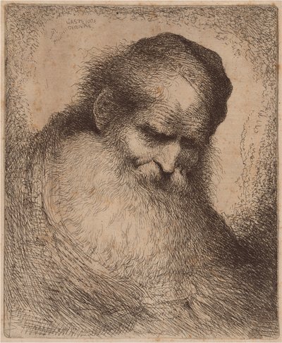 Gammel mand med langt skæg og kalot, der læner sig frem af Giovanni Benedetto Castiglione