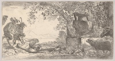 Pan liggende til venstre med to stående satyrer, en stor vase på en piedestal til højre, ca. 1645. af Giovanni Benedetto Castiglione