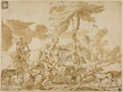 Bondefamilie med får og hund af Giovanni Benedetto Castiglione