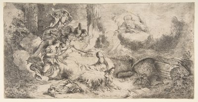 Jomfruen og barnet, Gud faderen øverst til højre, engle til venstre, ca. 1647-50. af Giovanni Benedetto Castiglione