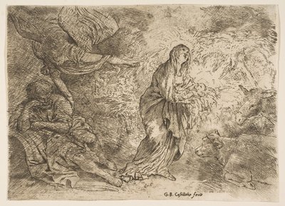 Englen vækker Josef til Jomfruens og Barnets nærvær, ca. 1645-49. af Giovanni Benedetto Castiglione