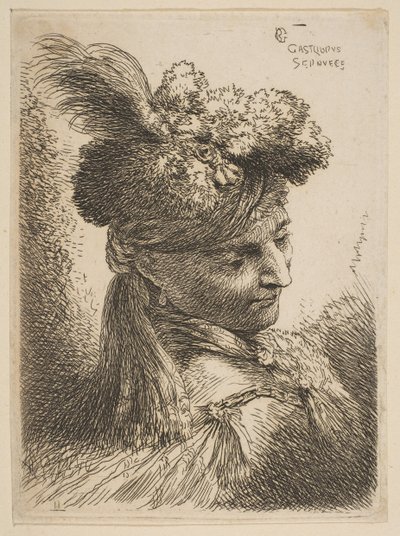 Ung mand vendt mod tre kvarter til højre iført pelshovedbeklædning med fane, juvel og..., ca. 1645-50. af Giovanni Benedetto Castiglione