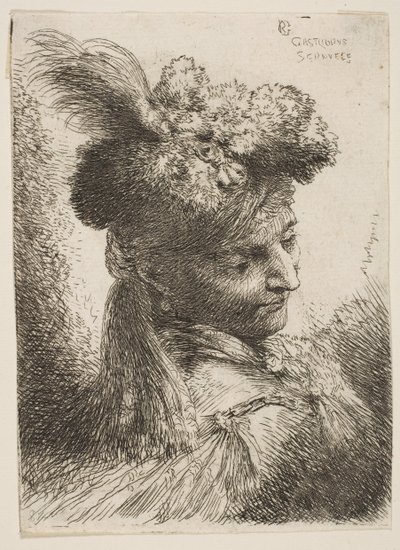 Ung mand vendt mod tre kvarter til højre iført pelshovedbeklædning med fane, juvel ..., ca. 1645-1650. af Giovanni Benedetto Castiglione