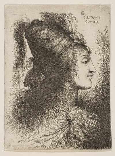 Ung mand iført en turban med fjære, vendt mod højre, fra serien af små hoveder ..., ca. 1645-1650. af Giovanni Benedetto Castiglione