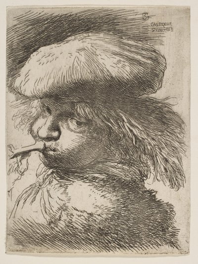 Ung mand med en trompet vendt mod venstre, fra serien af Small Heads in Oriental..., ca. 1645-1650. af Giovanni Benedetto Castiglione