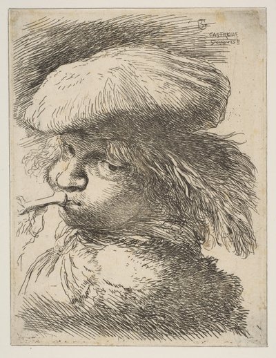 Ung mand med en trompet vendt mod venstre, fra serien af Small Heads in Oriental..., ca. 1645-1650. af Giovanni Benedetto Castiglione