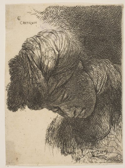 Ung mand med hovedet sænket, iført turban, vendt mod venstre, fra serien o..., ca. 1645-1650. af Giovanni Benedetto Castiglione