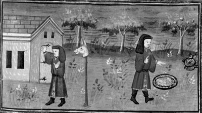 Decameron,Frédéric banker på Madame Tessas dør; manden finder mad og vin under et ferskentræ. Syvende dag, novelle 1 af Giovanni Boccaccio