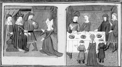 Decameron,Giletta beder kongen om lov til at gifte sig med Beltramo di Rossiglione; Giletta præsenterer sine børn for Beltramo. Tredje dag, novelle 9 af Giovanni Boccaccio