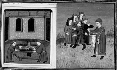 Decameron, Giovanni del Bragoniera og Biagio Pizzini stjæler relikviet fra broder Ciboule; munken mærker landsbyboernes tøj med kullene. Dag seks, nyhed 10 af Giovanni Boccaccio