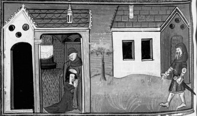 Decameron, Arimino hører sin kones tilståelse; manden står vagt ved døren til huset. Syvende dag, novelle 5 af Giovanni Boccaccio