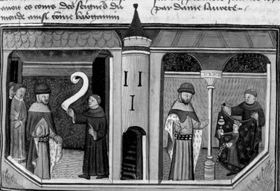 Decameron, Ermino Grimaldi udspørger Guillaume Borsiere; Guillaume viser ham billedet af Courtesy. Første dag, nyheder 8. af Giovanni Boccaccio