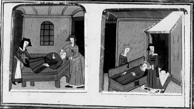 Decameron, Mazzeos kone tror, at hendes elsker er død; kvinden gemmer liget i en kuffert. Fjerde dag, novelle 10 af Giovanni Boccaccio