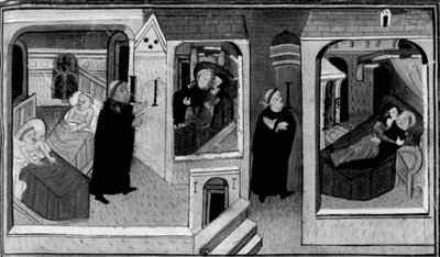 Decameron, Abbeden udspionerer munken i hans celle; munken udspionerer til gengæld abbeden. Første dag, nyhed 4. af Giovanni Boccaccio