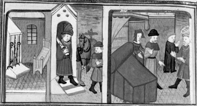 Decameron, Ridderen Lambertuccio flygter fra Isabellas værelse; kvindens mand finder elskeren i værelset . Syvende dag, novelle 6 af Giovanni Boccaccio