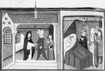 Decameron, Madame Piccarda besøger sognepræsten i Fiesole; sognepræsten overraskes af biskoppen i seng med tjenestepigen. Dag otte, novelle 4 af Giovanni Boccaccio