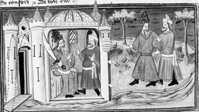 Decameron, Melchisedek fortæller Saladin lignelsen om de tre ringe; de to mænd bliver venner. Første dag, novelle 3. af Giovanni Boccaccio