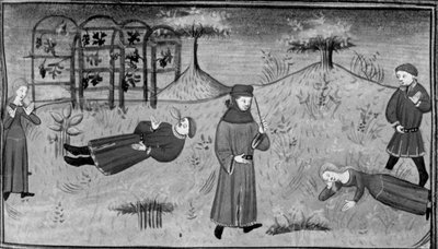 Decameron, Simona sørger over Pasquinos død; Simona falder død om foran dommeren. Fjerde dag, novelle 7 af Giovanni Boccaccio